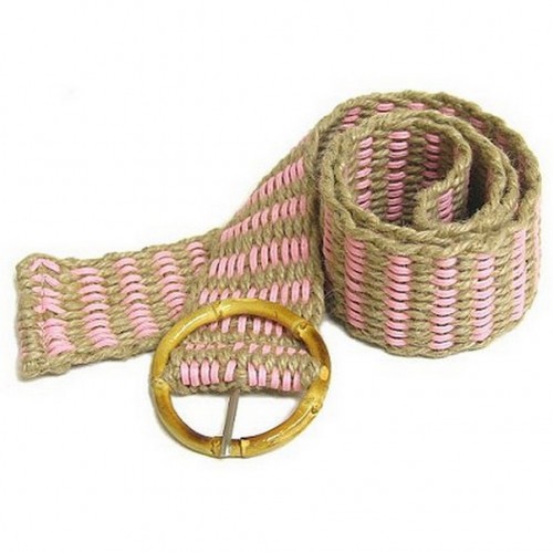 Jute Woven Belt w/ Bamboo Buckle - Pink - Size = ML - BLT-BE100PK-ML