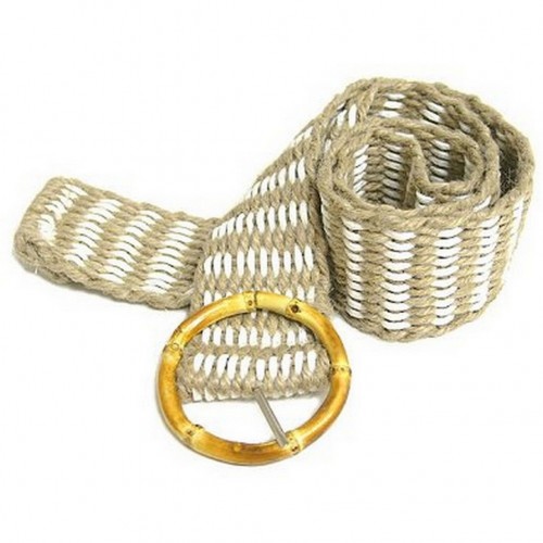 Jute Woven Belt w/ Bamboo Buckle - White - Size = ML - BLT-BE100WT-ML