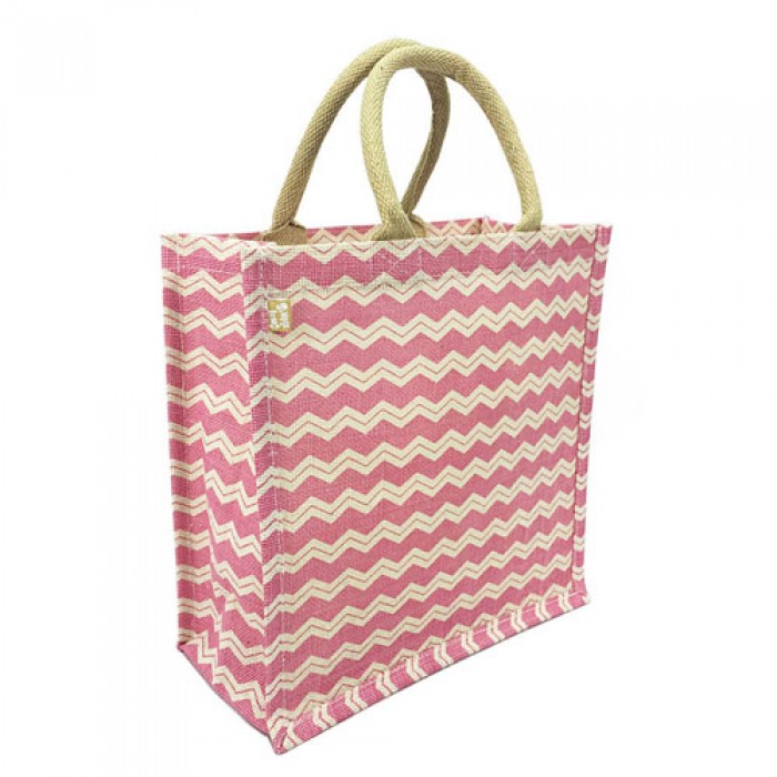 Jute Tote: 12" Chevron Print w/ Cotton Webbed Tube Handles - BG-JTG101