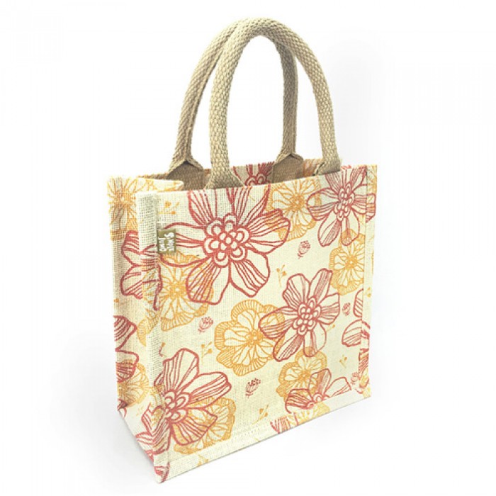 Jute Tote: 10" Floral Print w/ Cotton Webbed Tube Handles - BG-JTG204