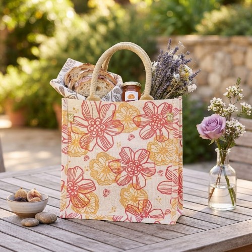 Jute Tote: 10" Floral Print w/ Cotton Webbed Tube Handles - BG-JTG204
