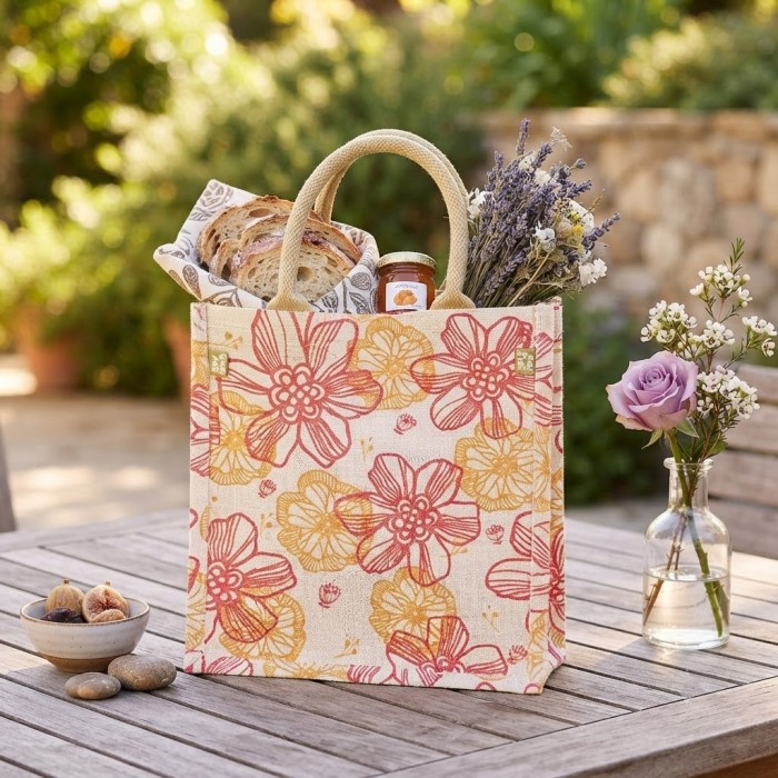 Jute Tote: 10" Floral Print w/ Cotton Webbed Tube Handles - BG-JTG204