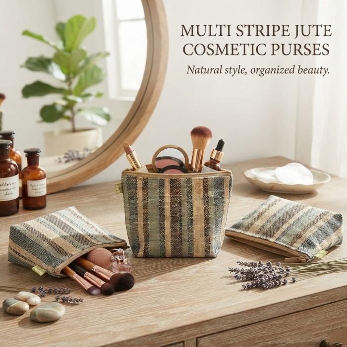 Jute Cosmetic Purses: Multi Stripes - CM-JTP107