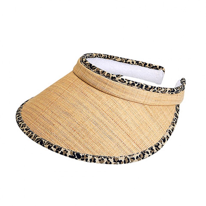 Visor- Raffia Straw Clip-On w/ Leopard Print Trim And Terry Cloth Sweatband - HT-8401